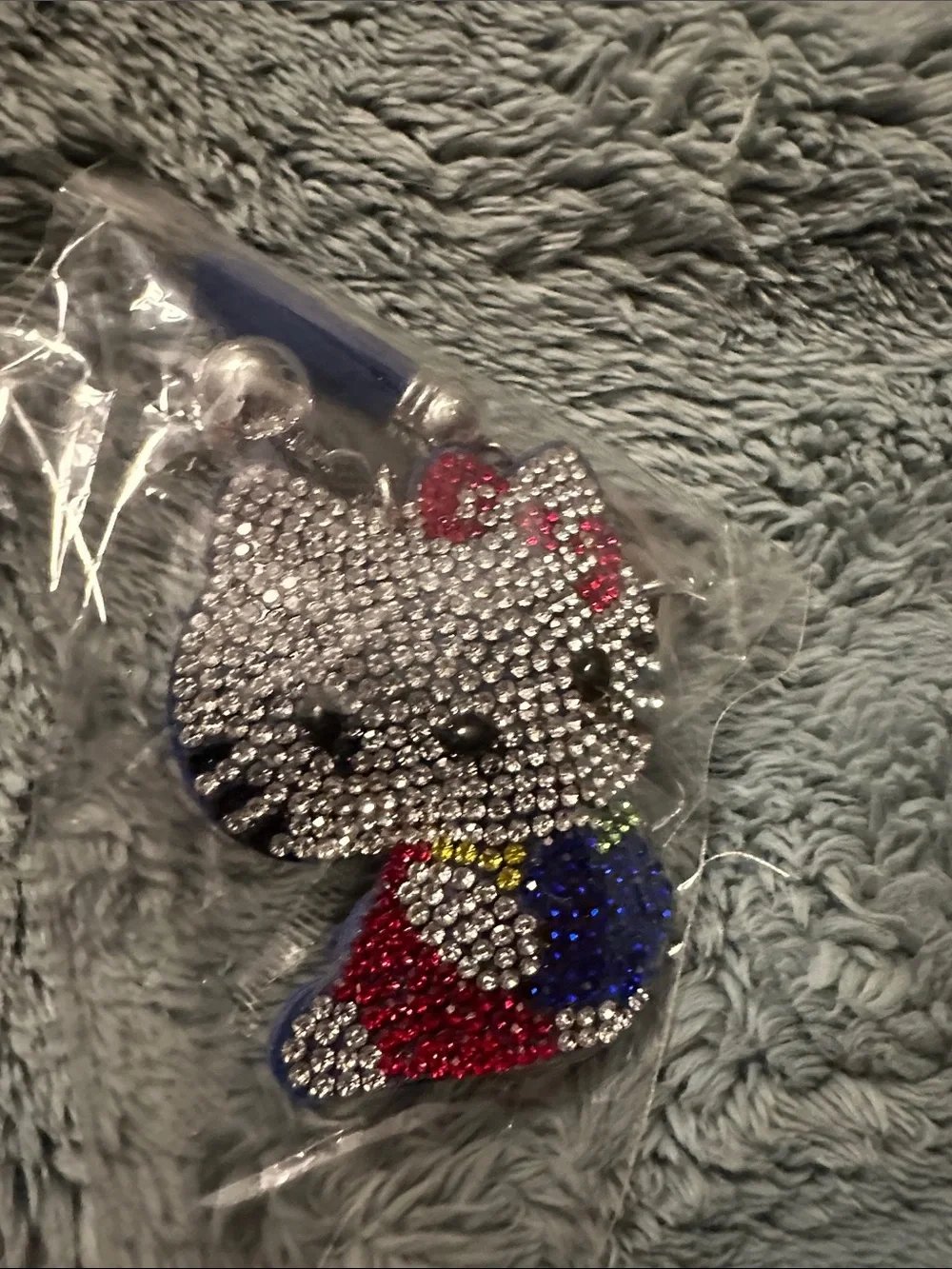 Rhinestone Kitty Bag Charm Keychain in Silver, Red & Blue